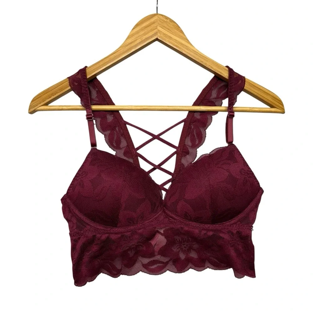 Victoria Secret PINK Bra Small Burgundy Push Up Lace Floral Fairy Whimsical